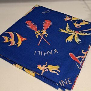 blue fabric with Hawaiian design surfers palm trees